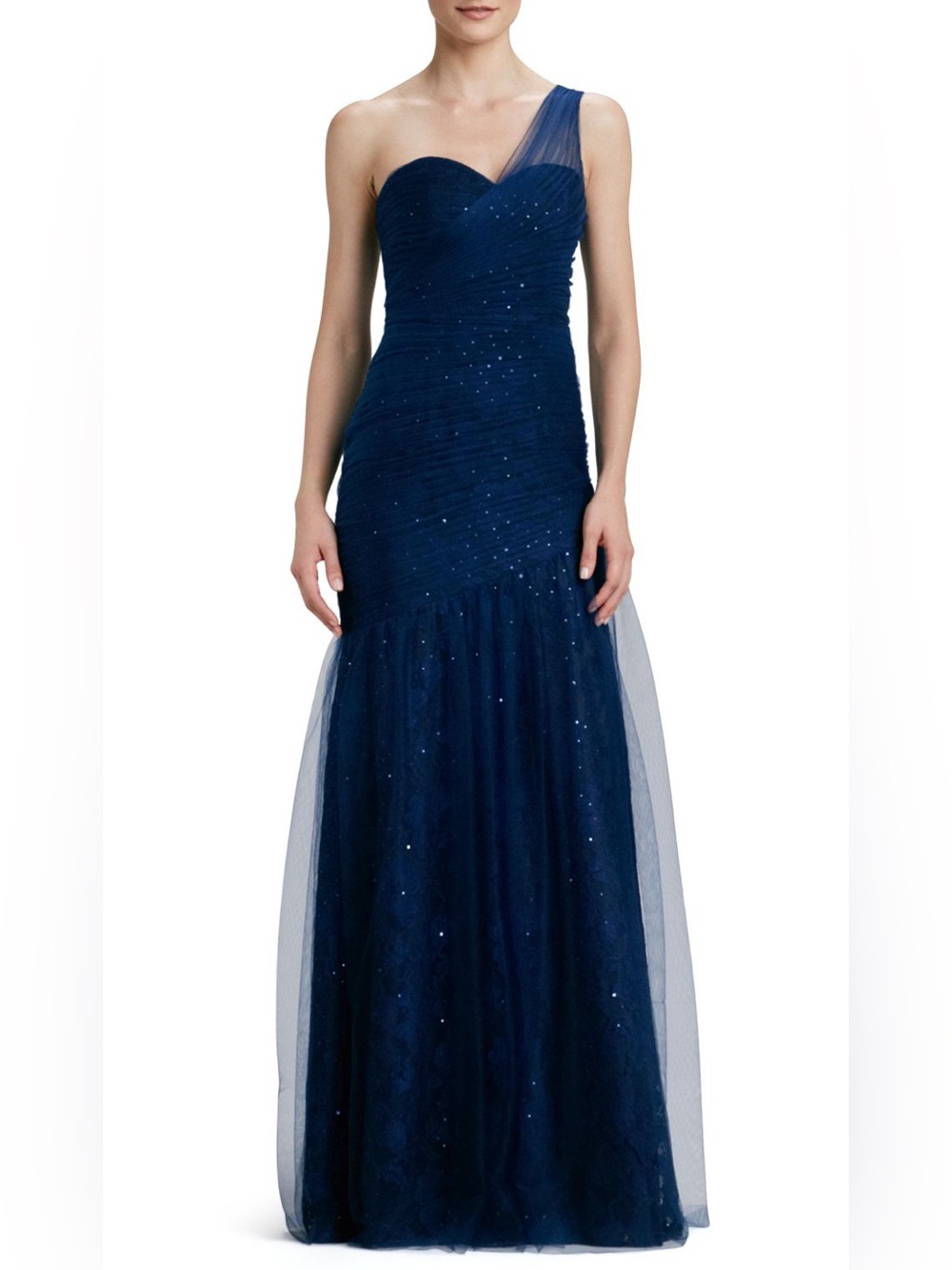 Monique Lhuillier Navy One-Shoulder Tulle Maxi Gown